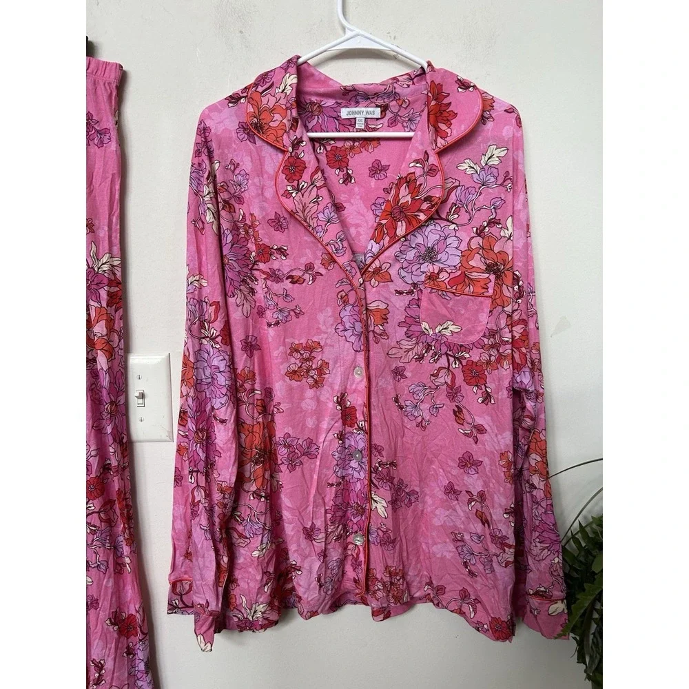 Johnny Was Carly PJ Pajama Set XXL Pink Floral Boho Cottagecore Sleepwear 2pc